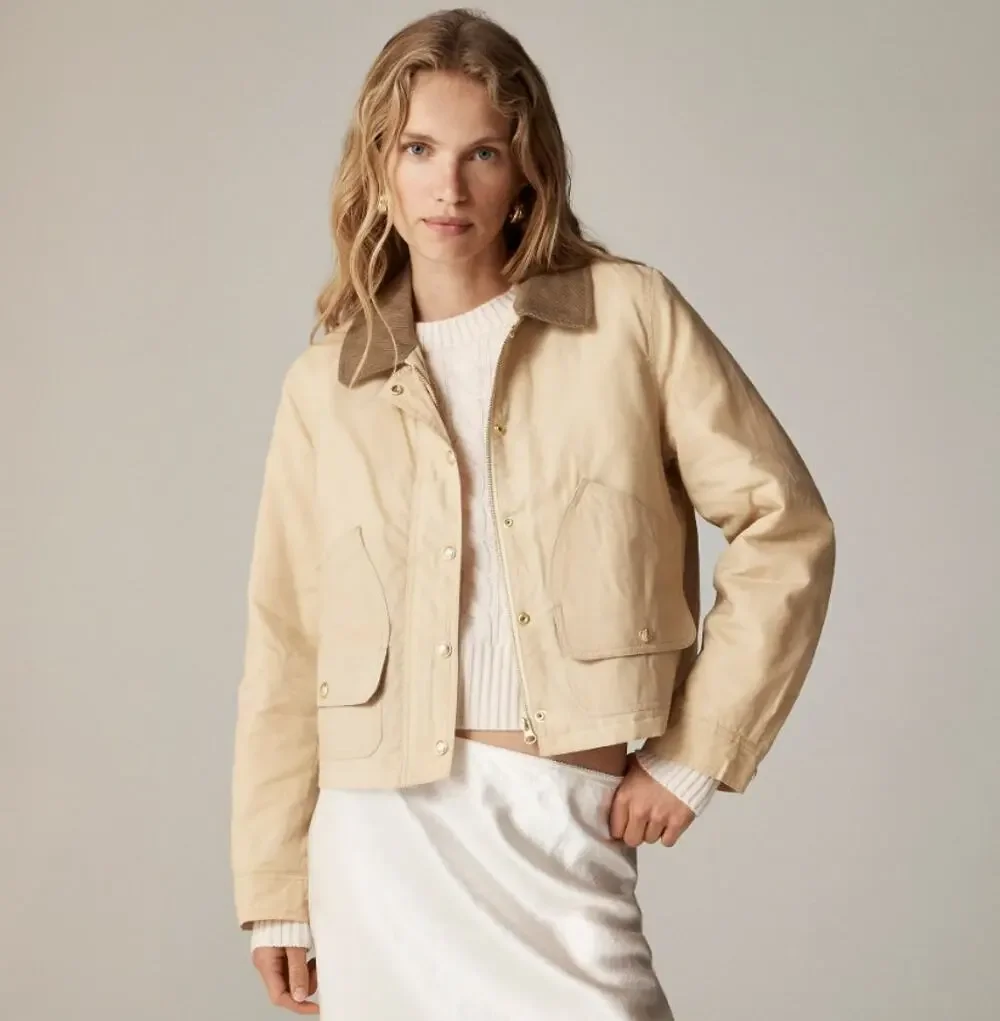 J.Crew Short Barn Jacket WMNS 2XL Coastal Khaki Ripstop Cotton Corduroy Collar